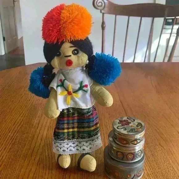 Mexican or South American Colorful Multicolor Cloth Doll with Pompoms - Picture 1 of 5